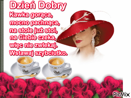 Kobieta w kapeluszu wita dzień dobry i zaprasza na kawę gorącą